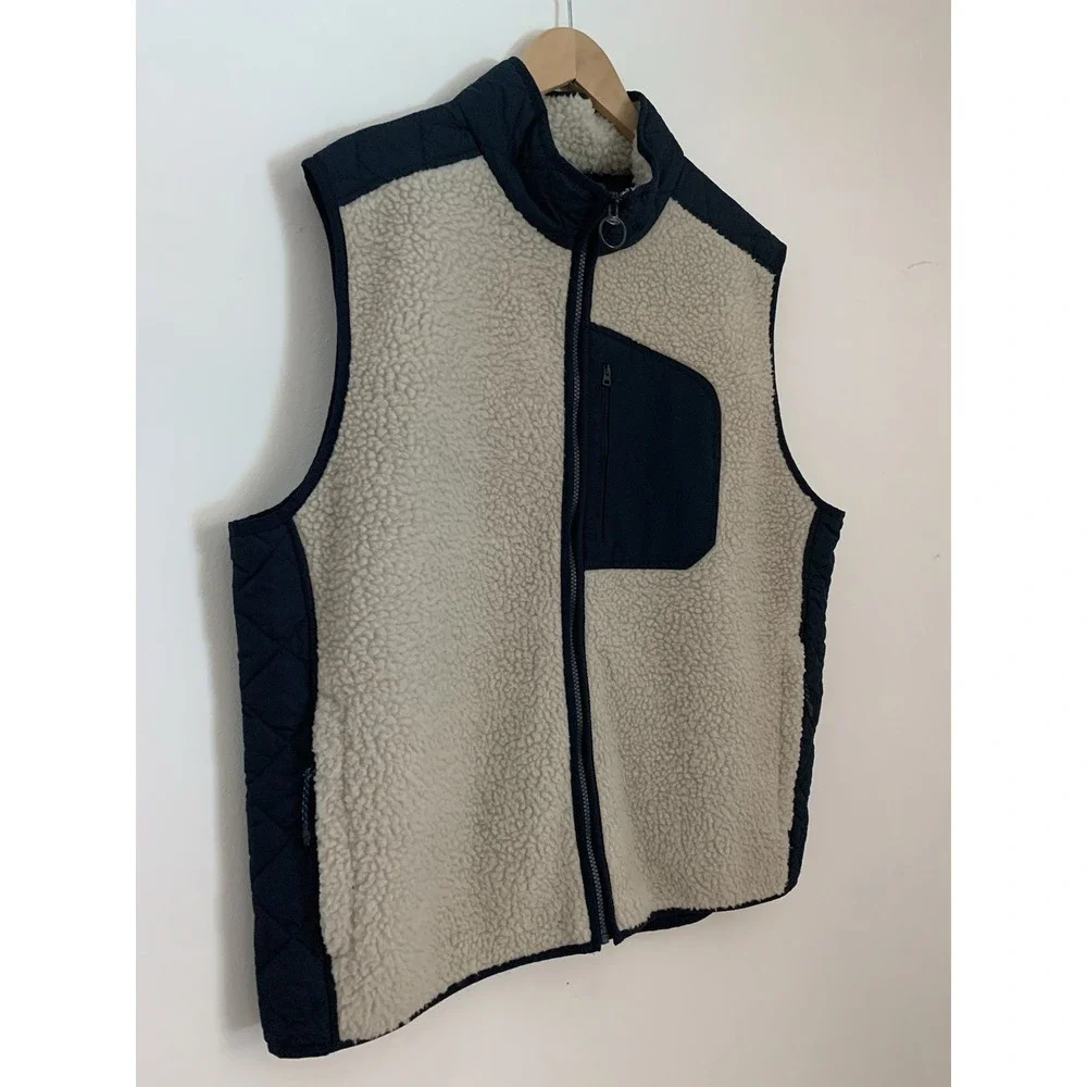 Lands' End Vest Men's Sz XL Fleece With Quilted Panels Ivory And Navy Gorpcore